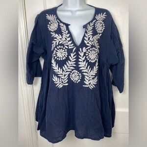 Roberta Roller Rabbit Dark Blue Tunic with White Embroidery